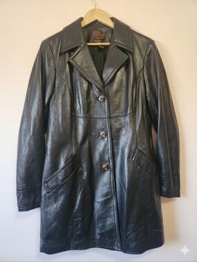 VTG Danier Italian Leather Car Coat Black Mid-Length Made in Canada Size L EUC